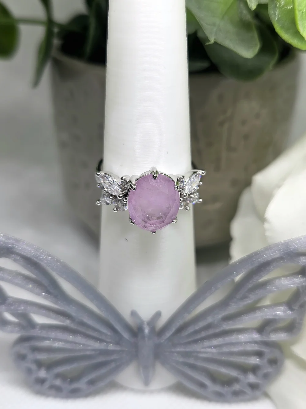 BP Pink Oval CZ Ring with Clear Accent Stones